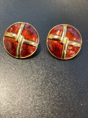 Gold Cross Accent Red Enamel Button Earrings - Women Jewelry